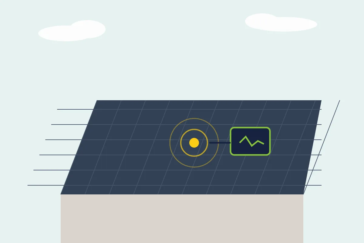 Illustration of a flat roof membrane with a target marking a leak point and a small monitor