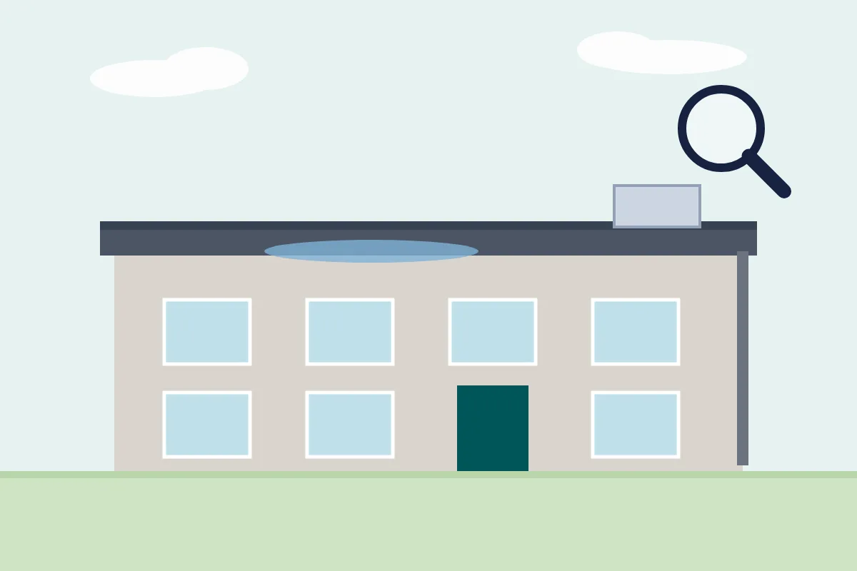 Illustration of a two-storey flat-roofed building with a pool of water on the roof and a magnifying glass