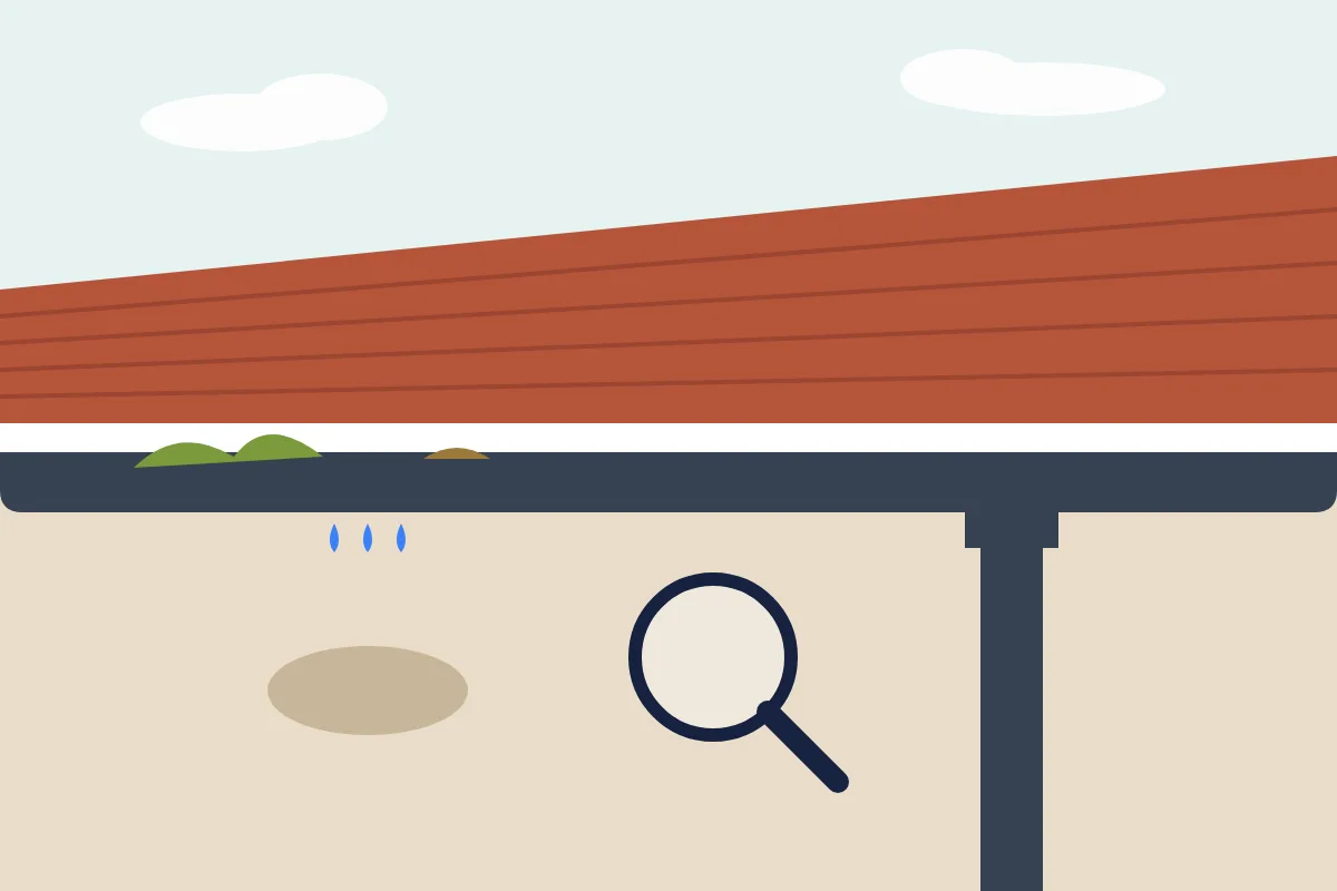 Illustration of a tiled roof edge with a blocked gutter, drips, a damp patch on the wall and a magnifying glass