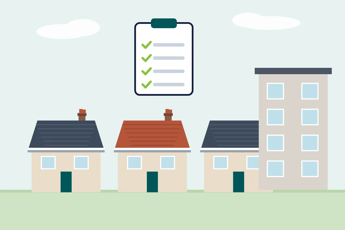 Illustration of three small houses and a block of flats with a checklist on a clipboard above them