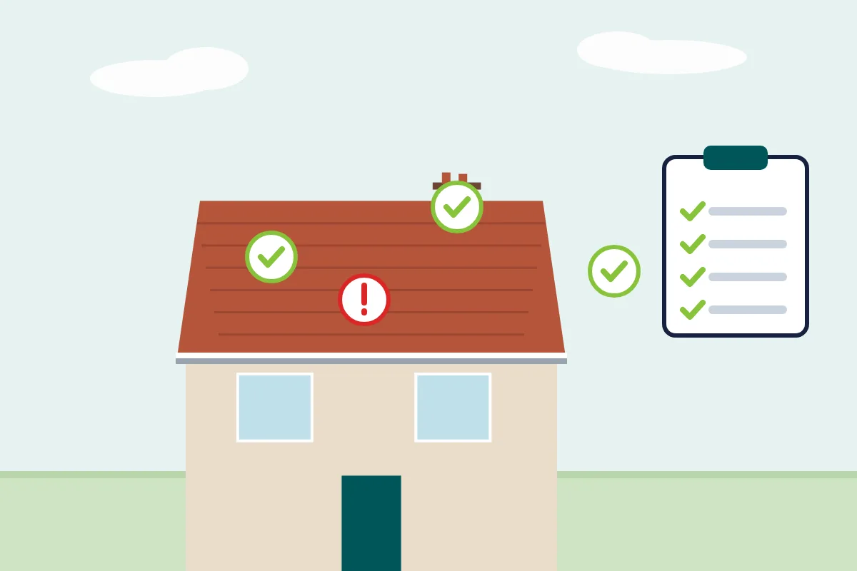 Illustration of a house with a new red tiled roof marked with ticks and one warning sign, beside a checklist