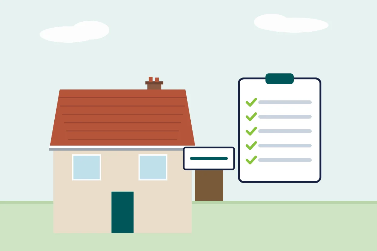 Illustration of a house with a red tiled roof, a sale board and a checklist on a clipboard