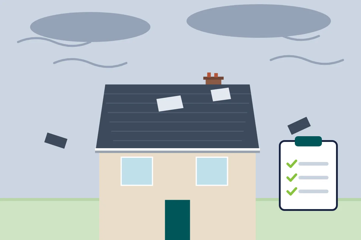 Illustration of a house under storm clouds with slates blown off the roof and a clipboard checklist